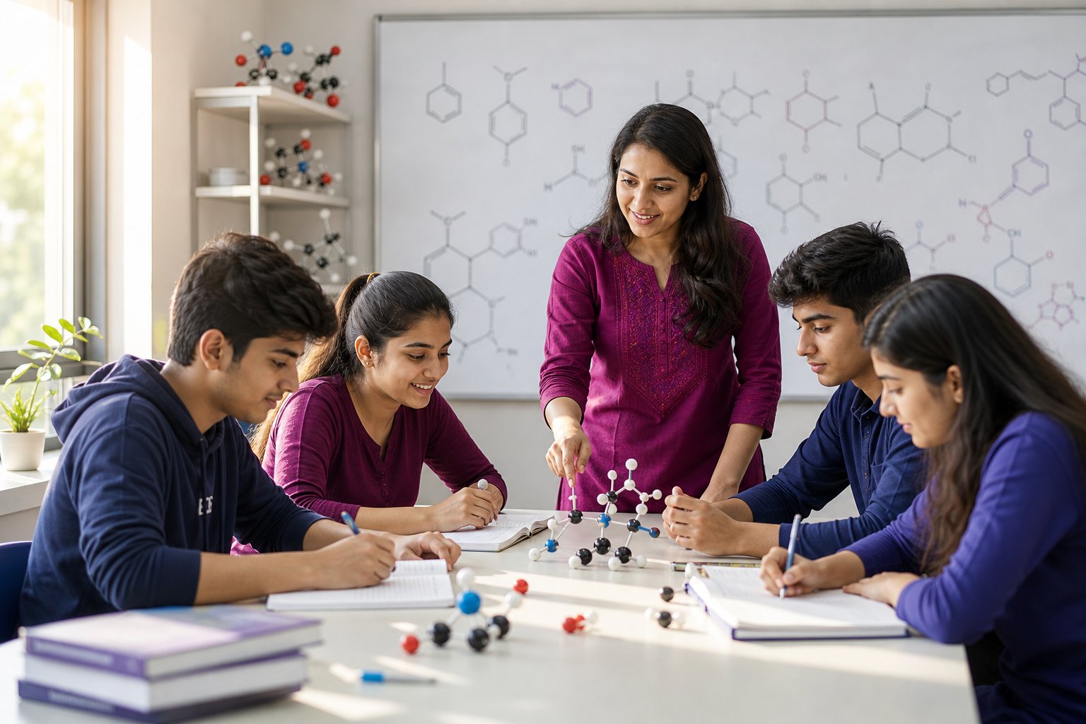 Chemistry mentor guiding students with molecular models in a bright classroom