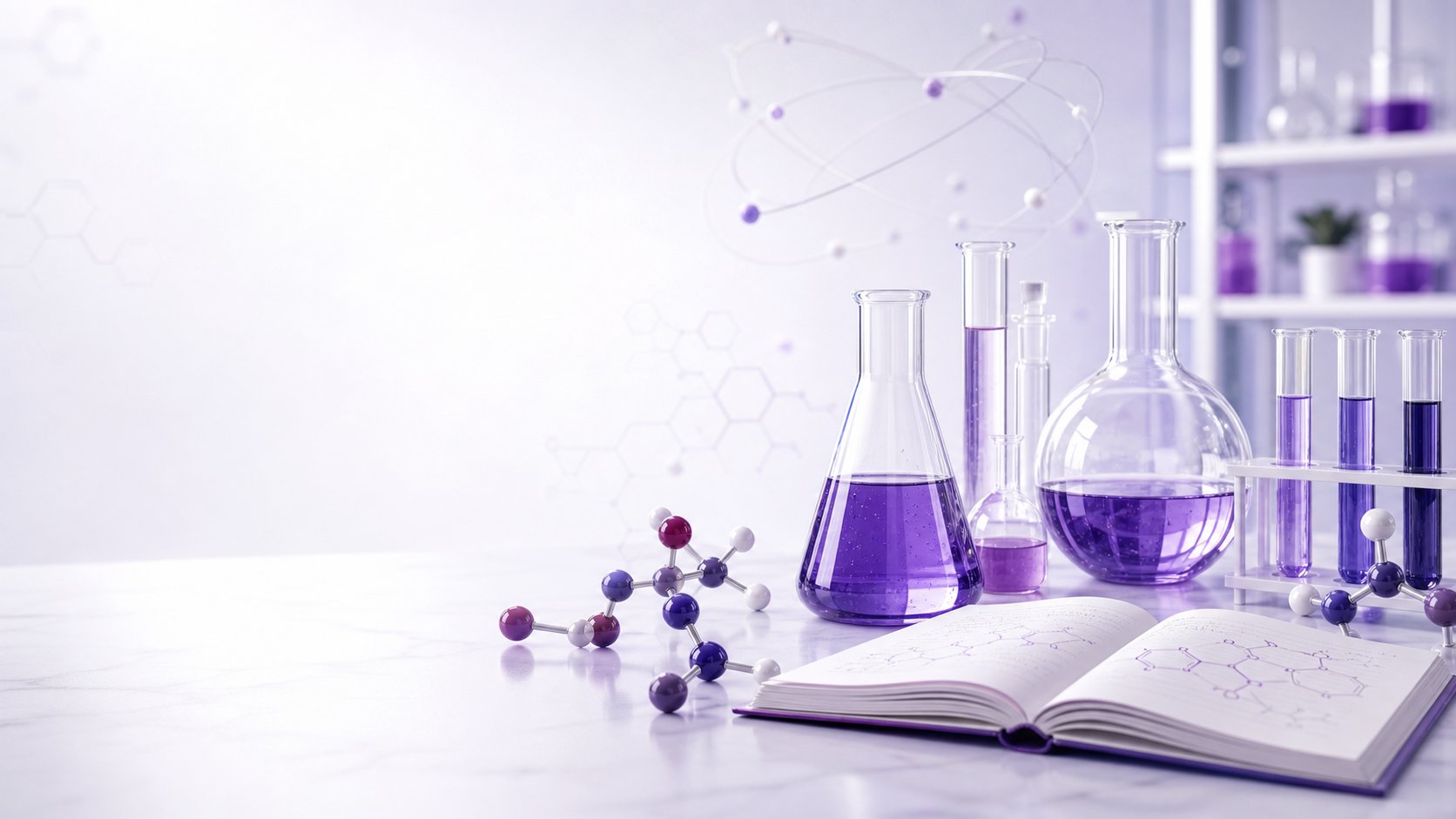 Chemistry laboratory glassware, molecular models and study notes