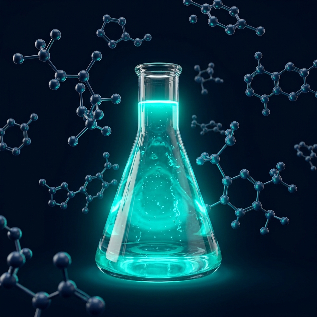 Glowing chemistry flask with molecular structures – ChemXcel